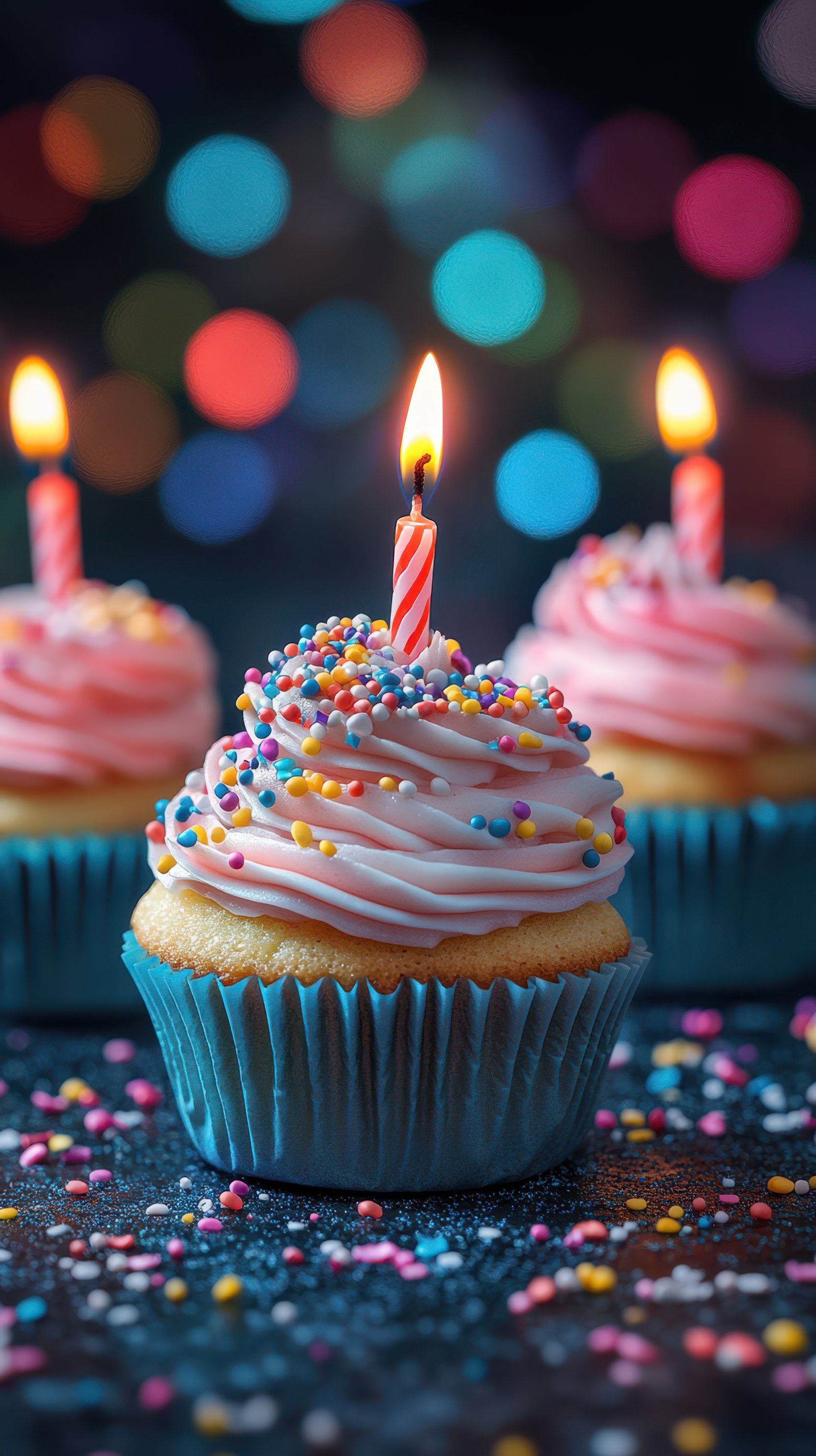 Colorful birthday cupcakes with candles and festive sprinkles lit against a blurred light background create a joyful atmosphere